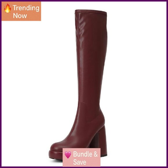 Platform Knee High Boots Chunky Heel Rounded Toe Side Zipper Tall Boots